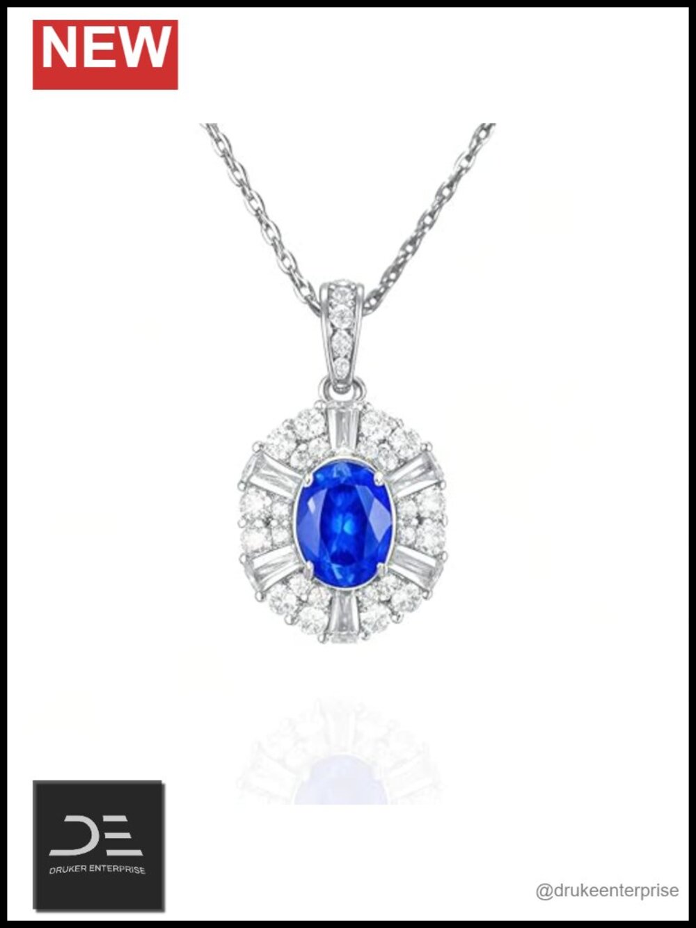 18K White Gold Plated Sapphire Pendant Necklace with CZ Halo
